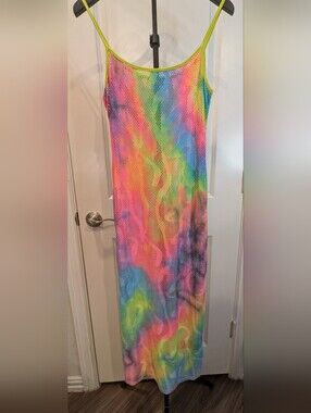 Sabora Rainbow Mesh Maxi Dress Neon Tie Dye Sheer Cover Up Y2K Size L